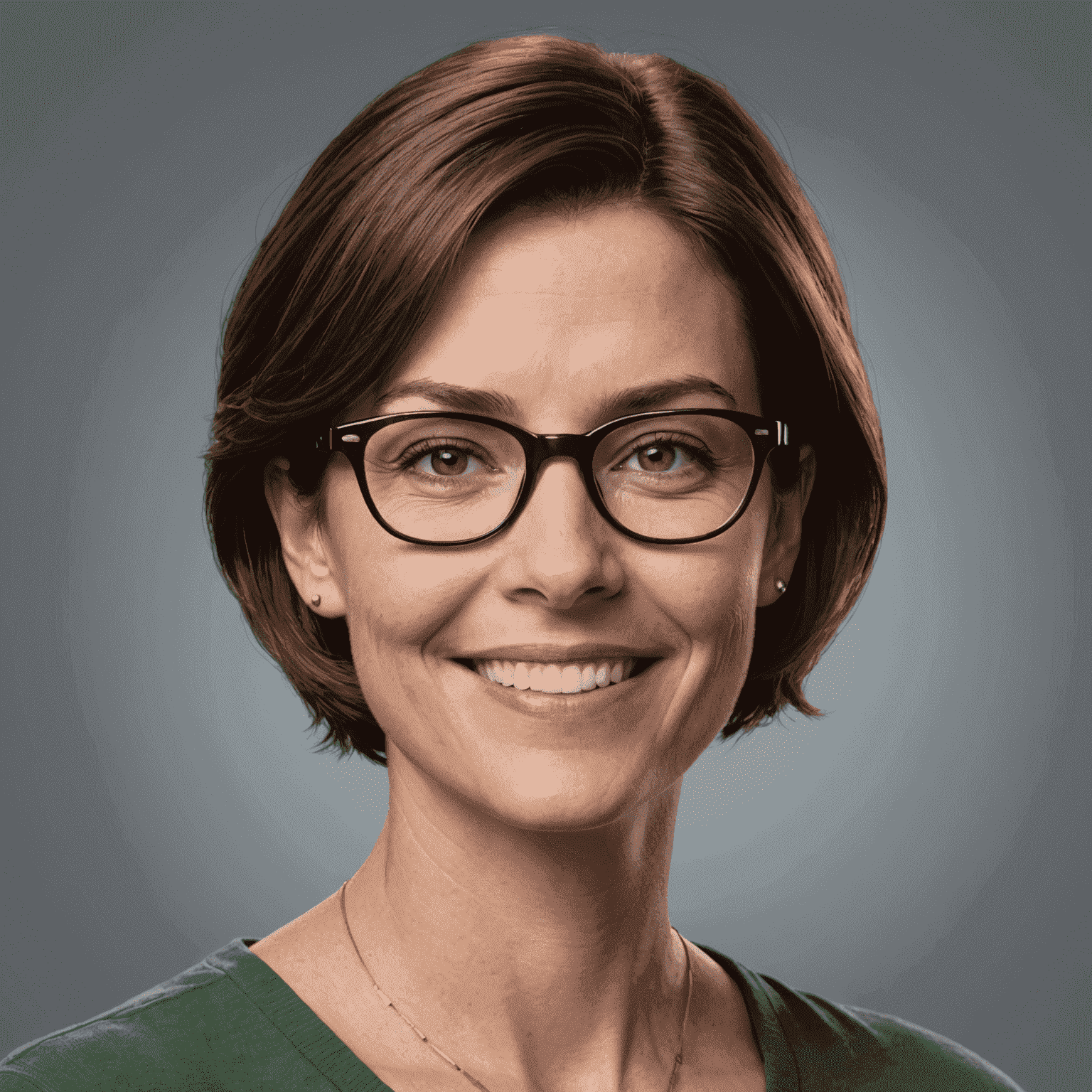 Portrait of Jane Doe, a woman in her mid-30s with short brown hair and glasses, smiling at the camera