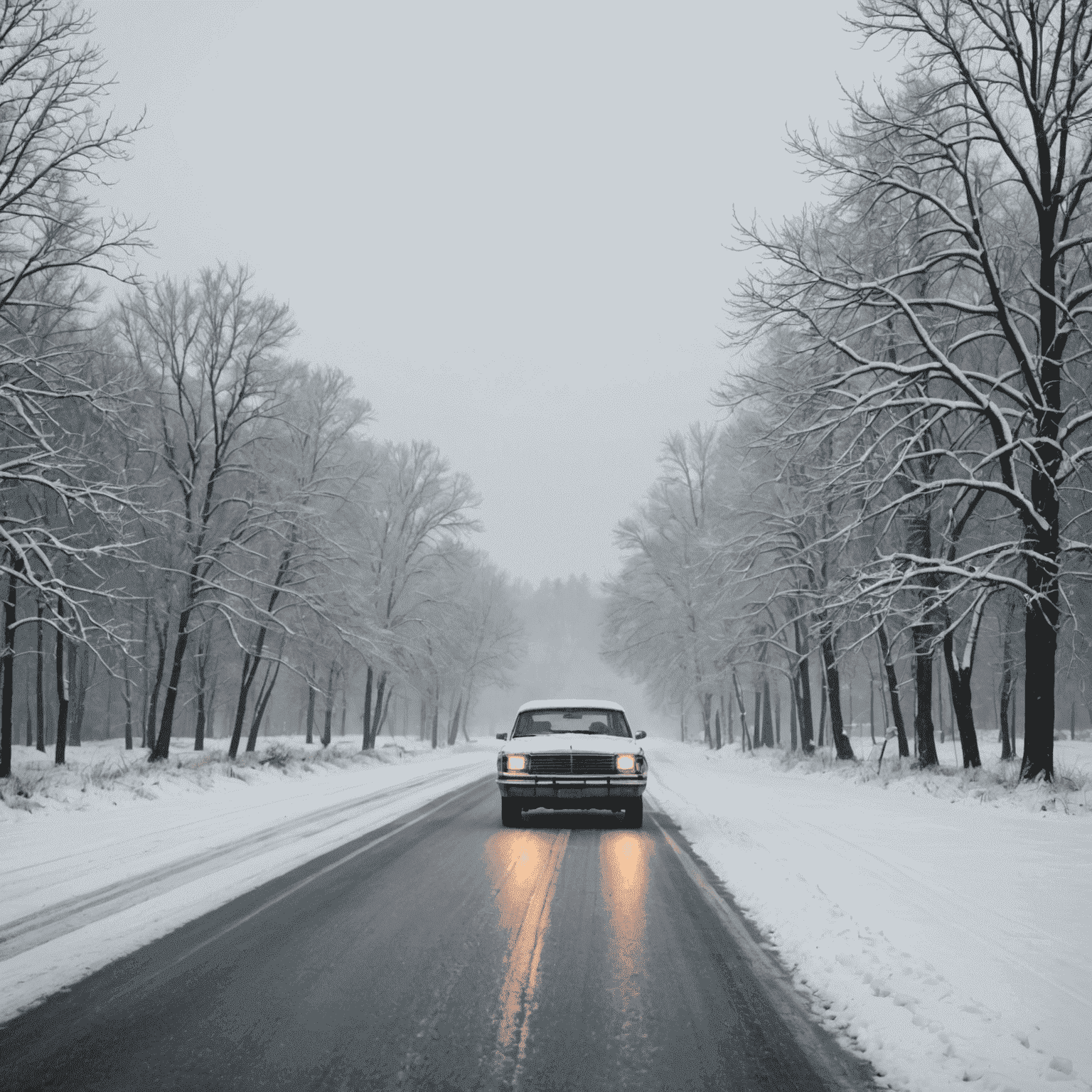 A snowy Minnesota landscape with a lone car driving through, capturing the essence of Fargo's first season setting