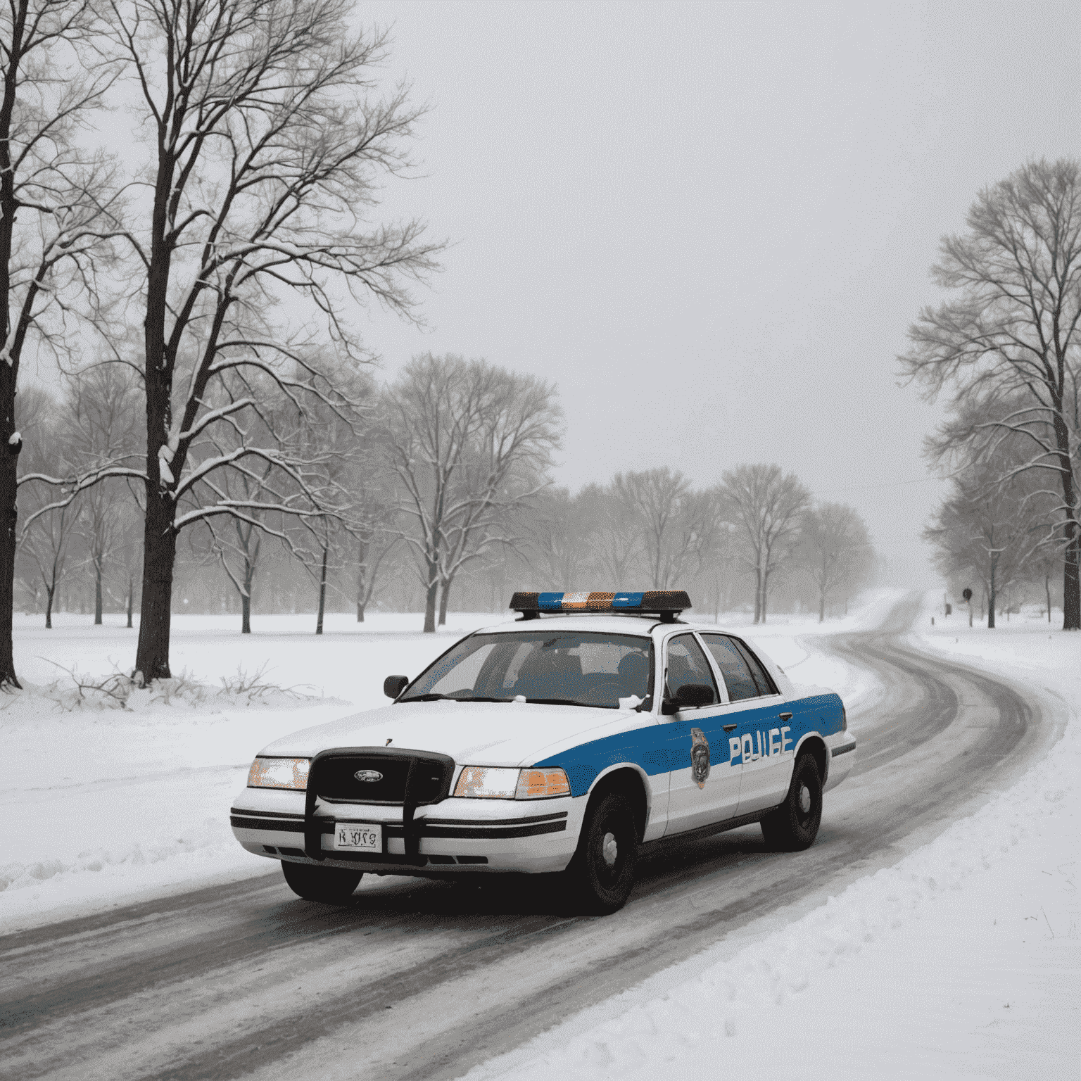 A snowy landscape of Minnesota with a lone police car in the distance, capturing the essence of Fargo's setting