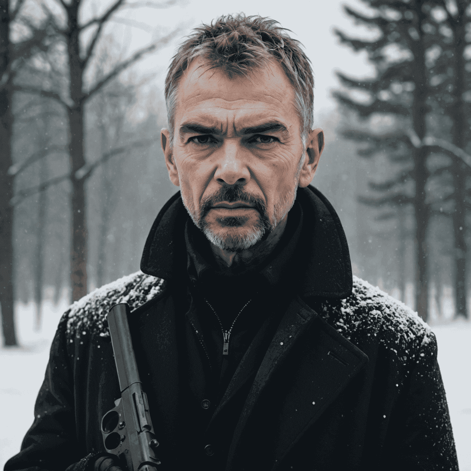 Lorne Malvo, played by Billy Bob Thornton, standing in a snowy landscape with a menacing expression, wearing a dark coat and holding a gun