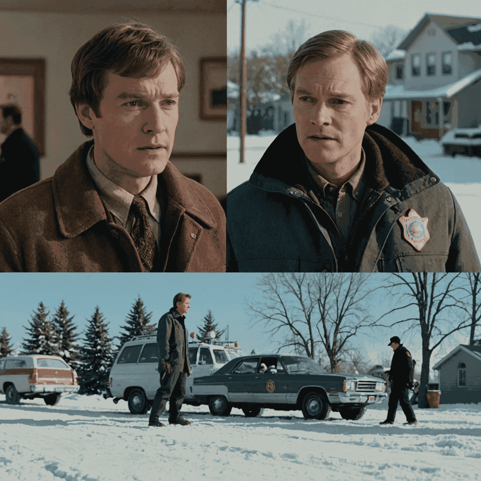 A split-screen image showing a scene from the original Fargo film on the left and a corresponding scene from the TV series on the right, highlighting visual similarities and differences