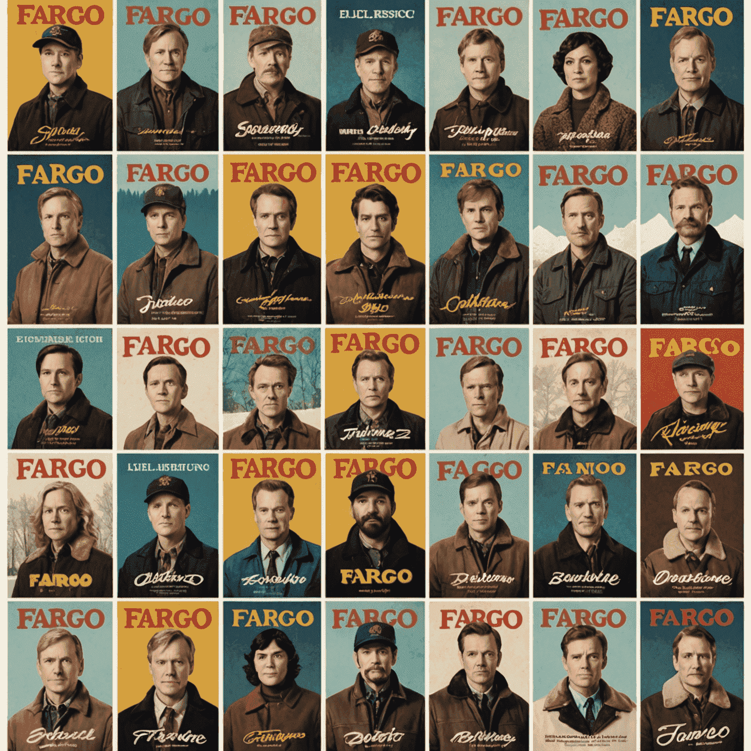 A collage of different Fargo season posters, showcasing the diverse cast and settings across multiple seasons