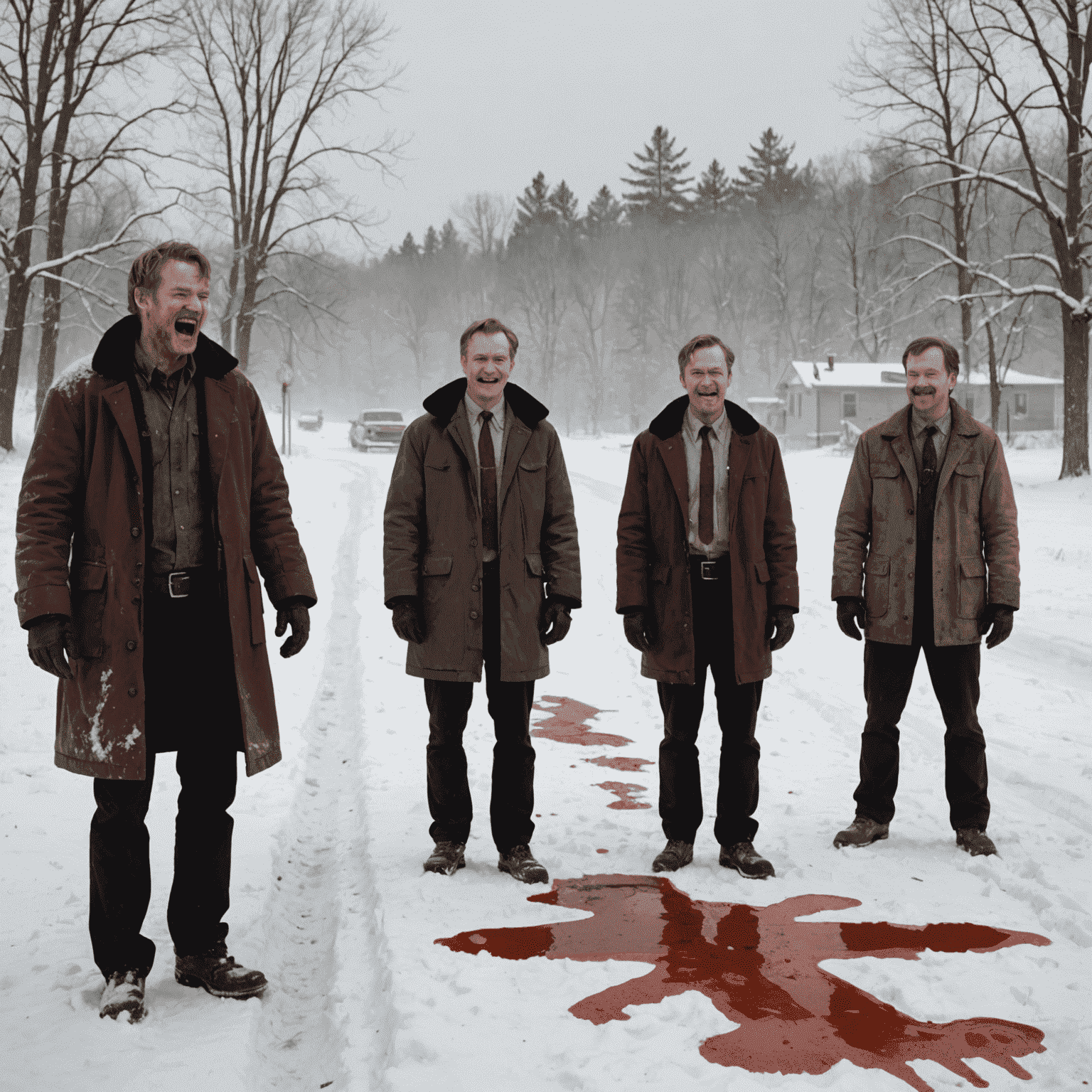 A snowy landscape with a bloody crime scene, juxtaposed with characters laughing, representing the dark humor of Fargo