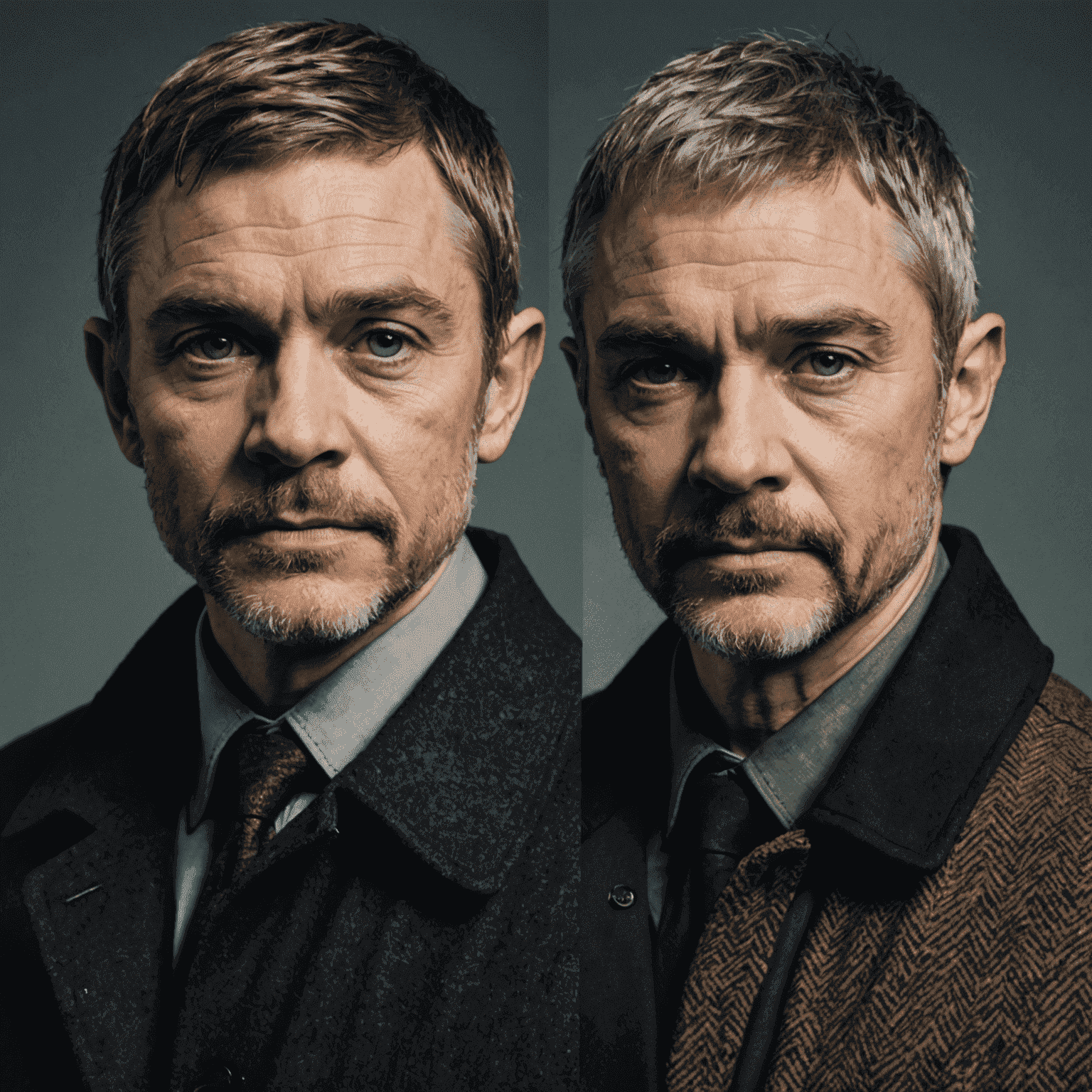 A split image showing Martin Freeman as Lester Nygaard and Billy Bob Thornton as Lorne Malvo, highlighting the contrast between the two central characters