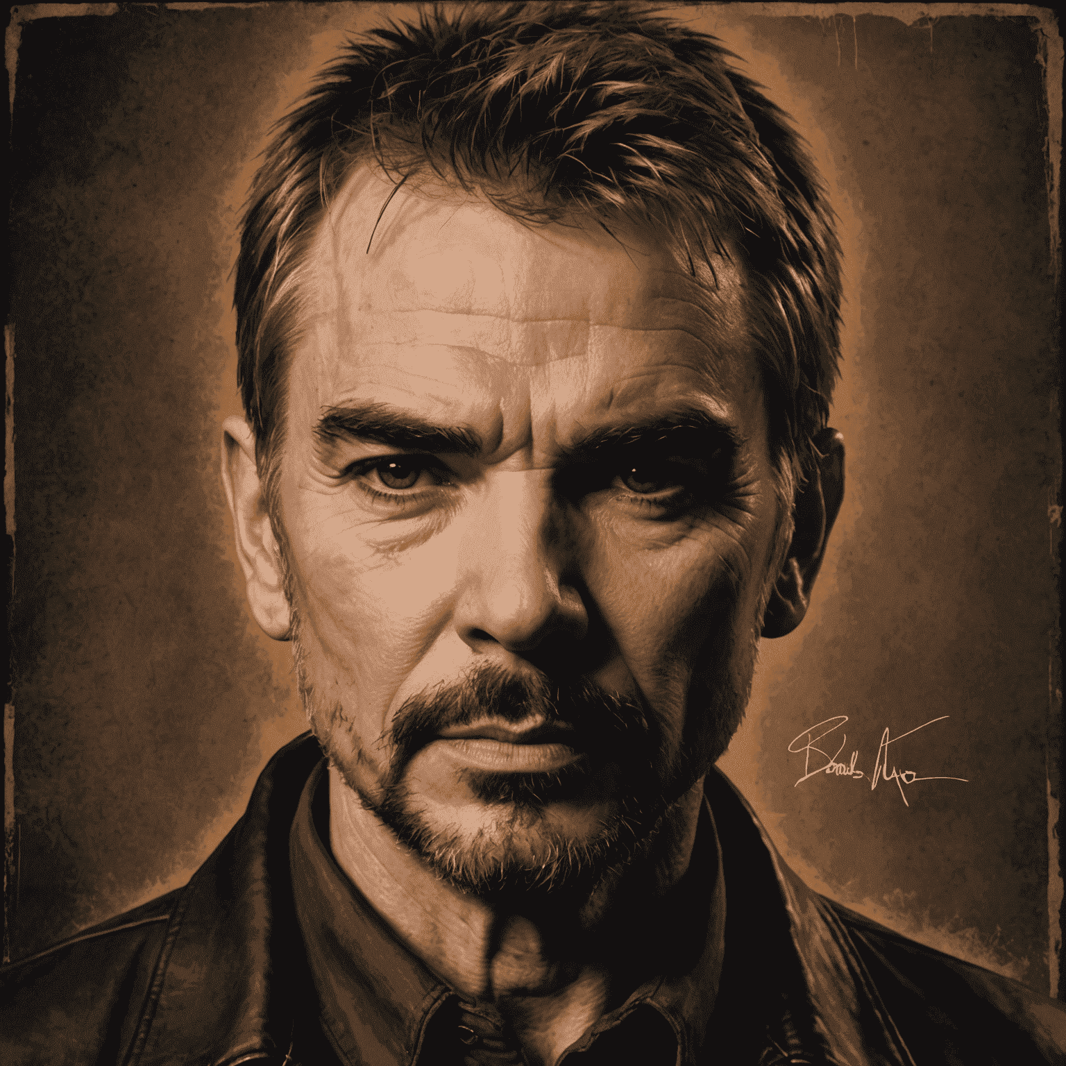 Close-up of Billy Bob Thornton as Lorne Malvo, with his signature haircut and intense gaze, showcasing his ability to convey menace with just a look