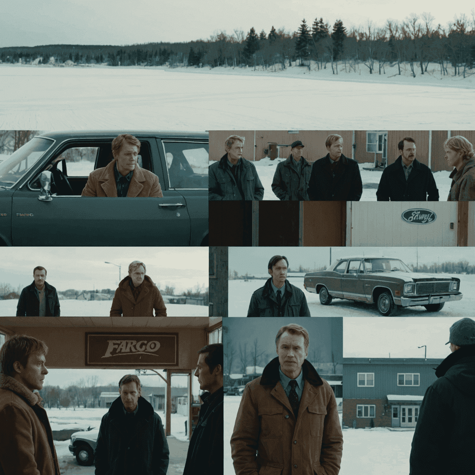 A split-screen image showing contrasting scenes from different Fargo seasons, highlighting the variety in settings and characters