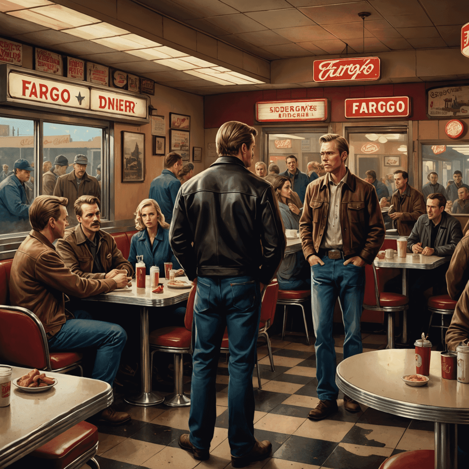 A typical Midwestern diner with patrons, while a violent altercation occurs in the background, illustrating Fargo's blend of normalcy and brutality