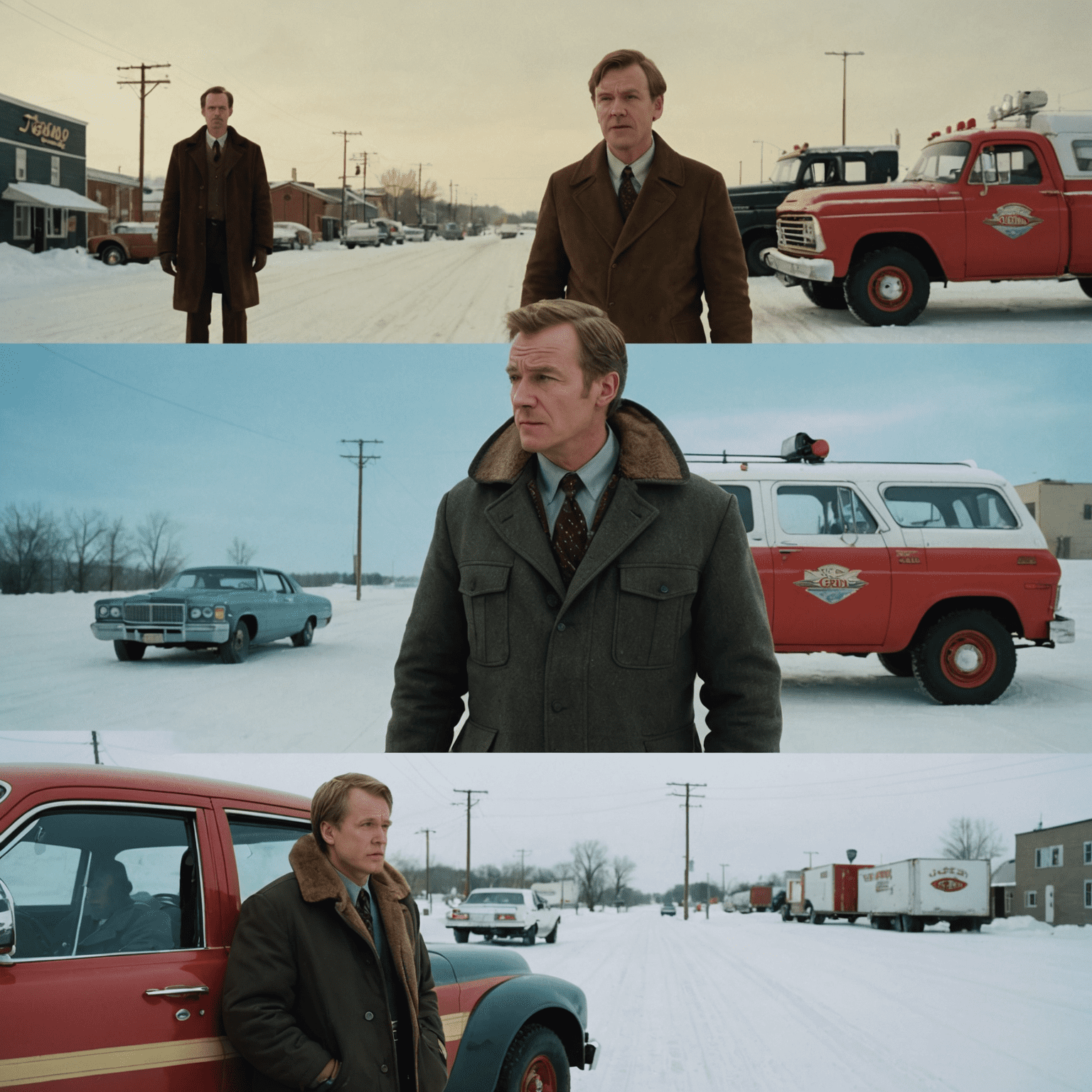 A split image showing scenes from both the original Fargo film and the TV series, highlighting their visual and thematic connections