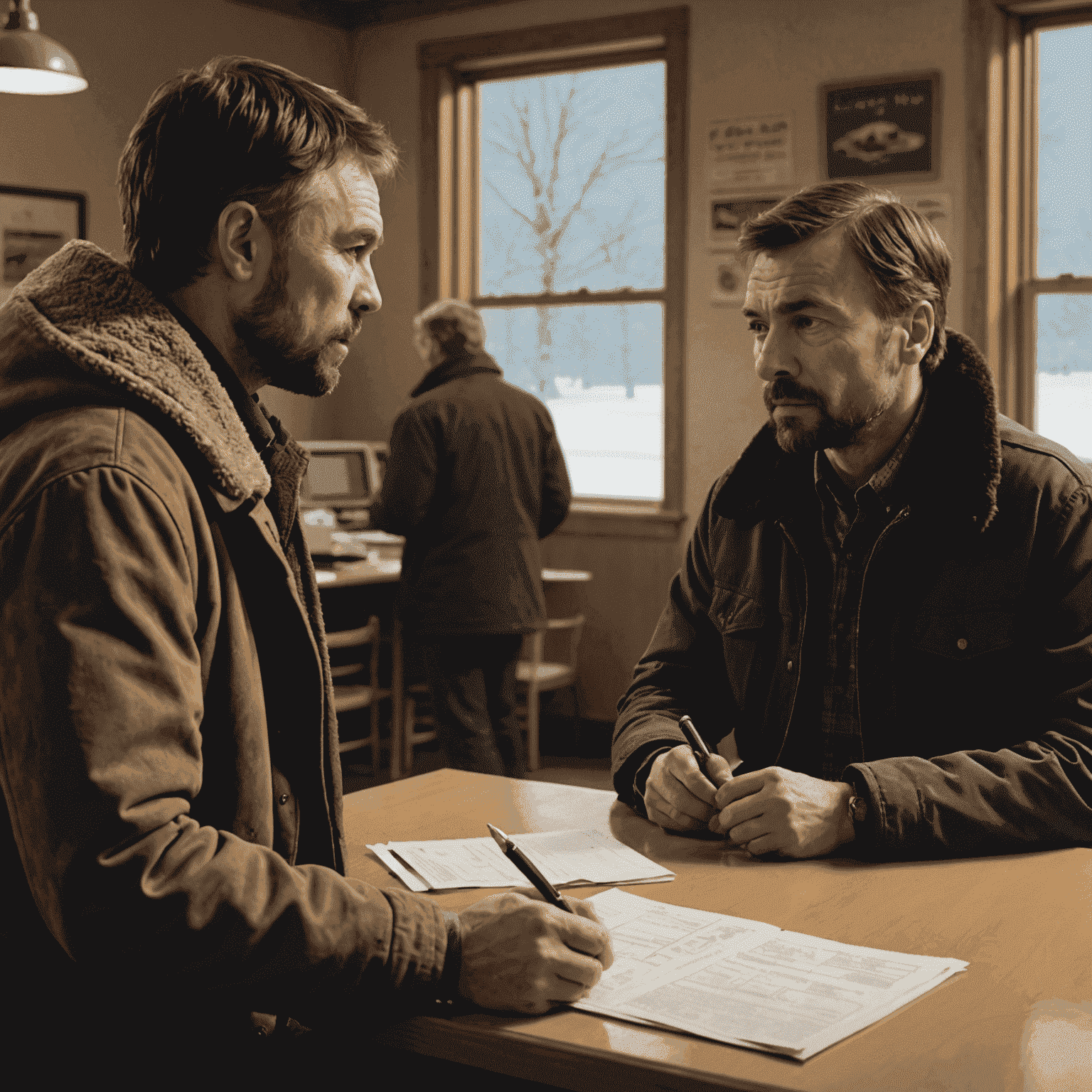 A scene from Fargo showing Lorne Malvo in conversation with Lester Nygaard, highlighting the dynamic between these two central characters