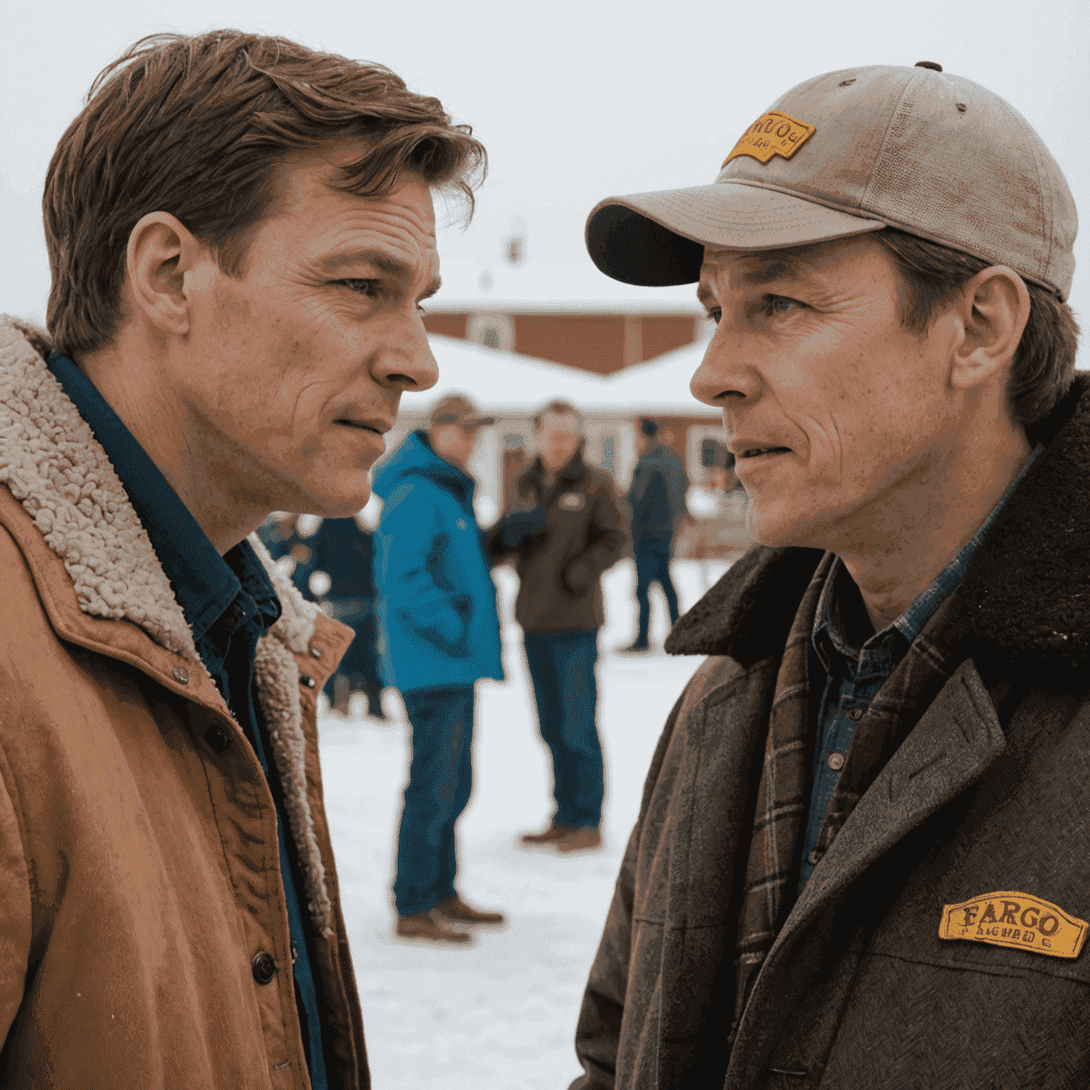 A close-up of two characters from the Fargo TV series engaged in conversation, emphasizing their distinctive Minnesota accents