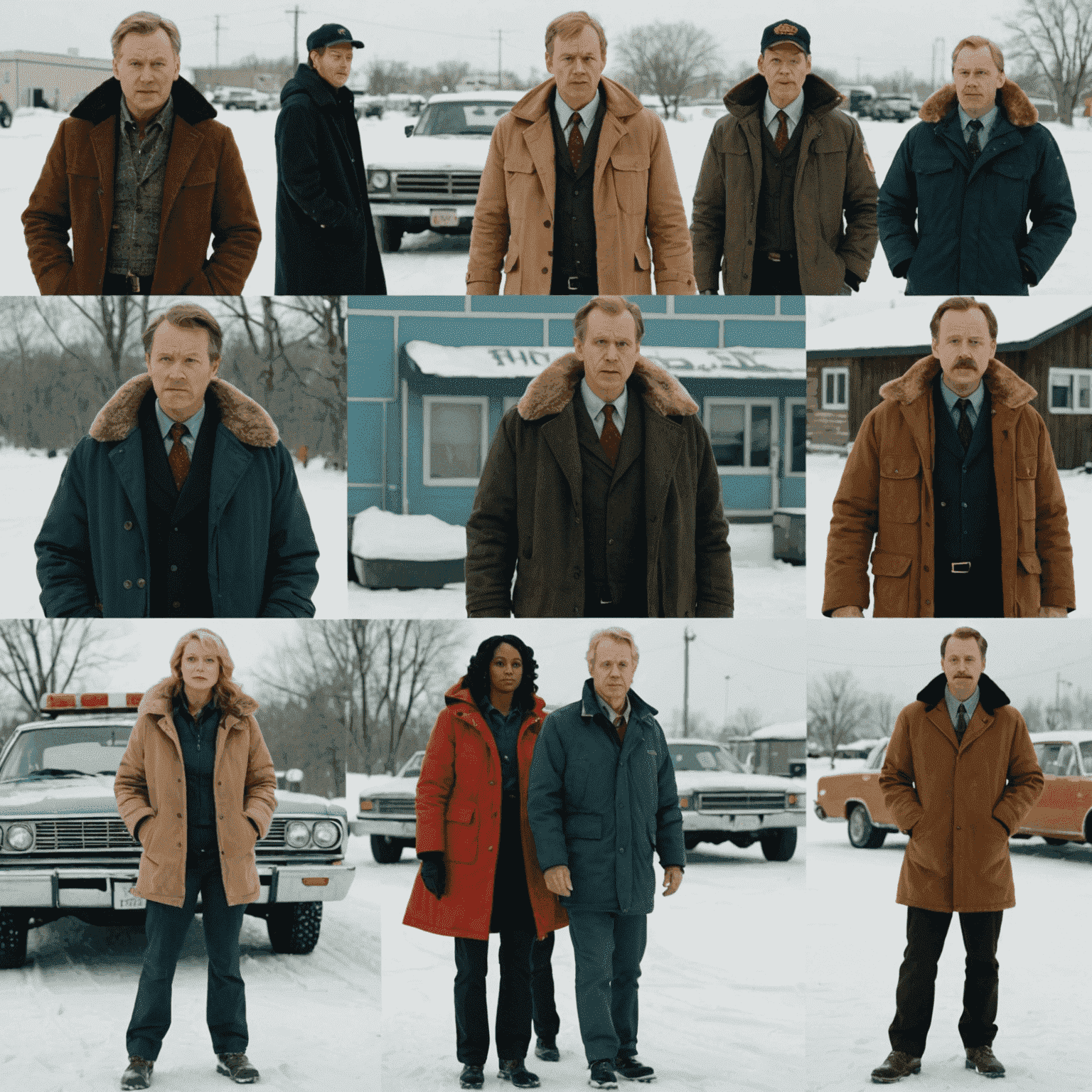 A montage of critical scenes from various Fargo seasons, showcasing the diverse storytelling and unexpected plot twists