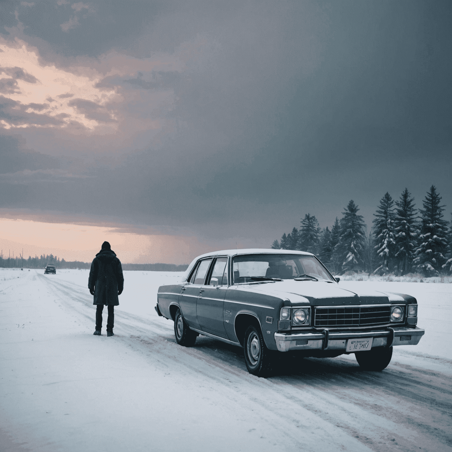 A vast, snowy Midwestern landscape with a lone figure standing next to a car, emphasizing the isolation and bleakness that contributes to Fargo's dark humor