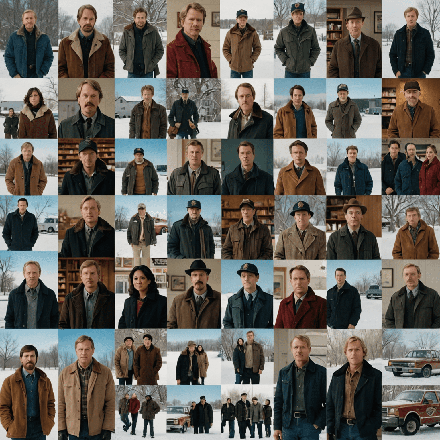 A collage of images from different Fargo seasons, showcasing the diverse cast and settings of each anthology