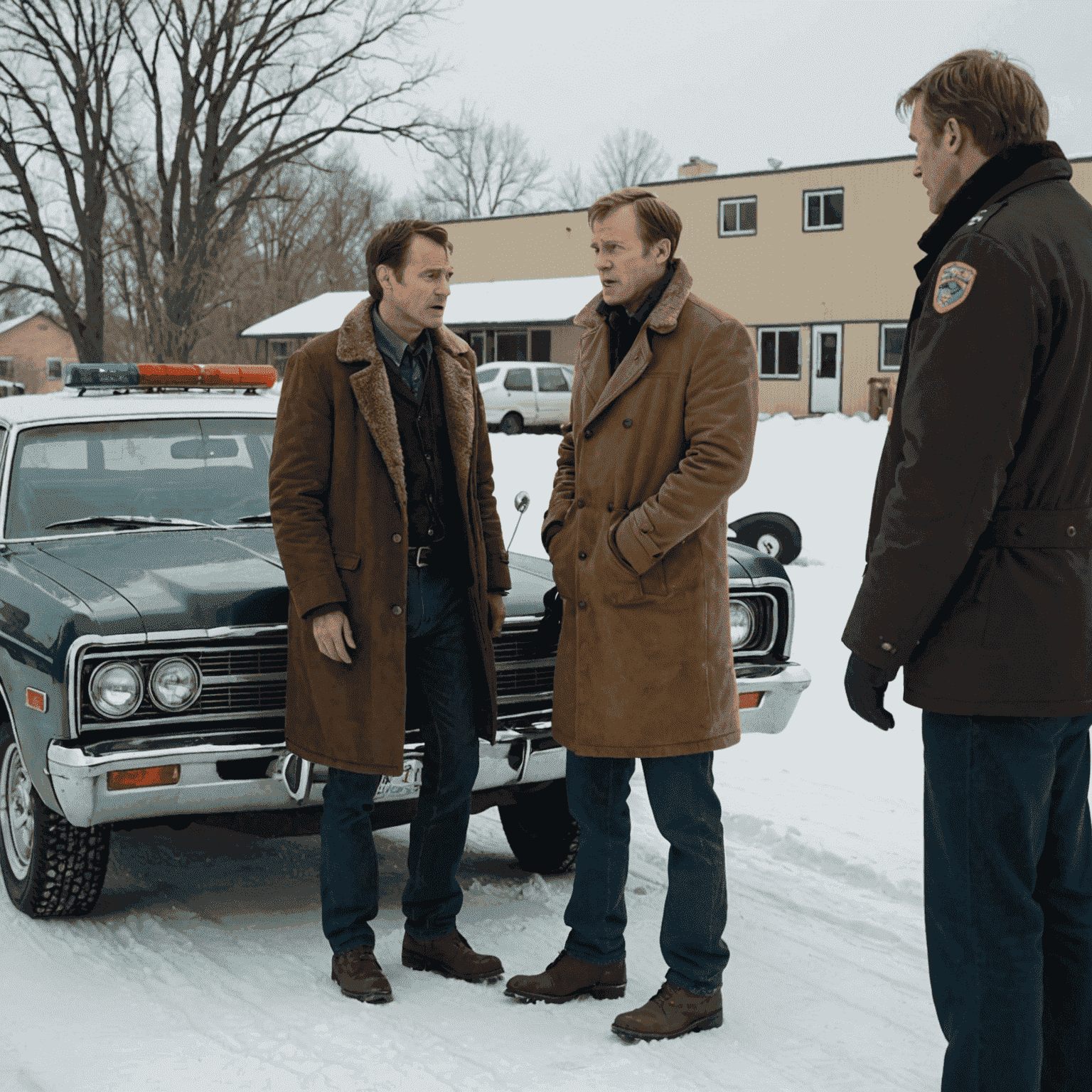 A scene from Fargo depicting a humorous moment juxtaposed with a tense or violent situation, illustrating the show's dark comedy